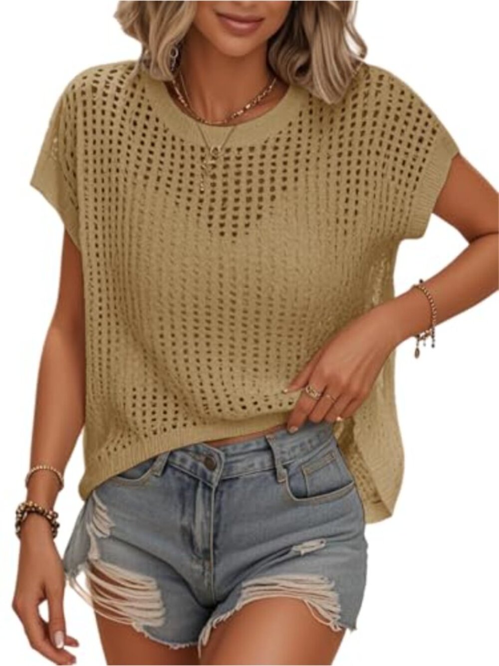 Womens Crochet Cover Up Cap Sleeve Hollow Out Knit Tank Top Beach Vacation